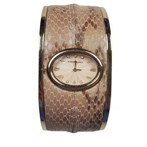 BCBG MaxAzria Cuff Watch Snake Print Leather Bangle Analog Diamonds
